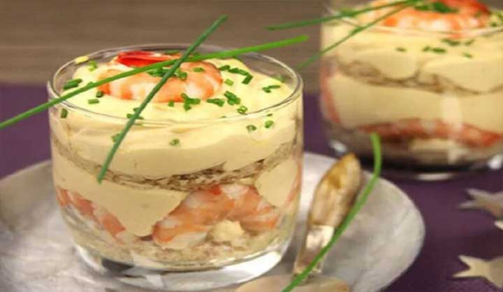 Verrines de crevettes et homards au mascarpone façon tiramisu